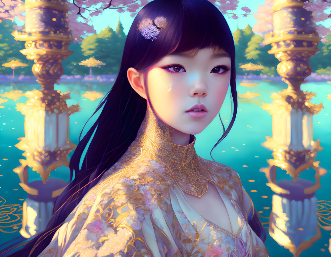 Digital Artwork: Young Woman in Golden Floral Dress Surrounded by Nature