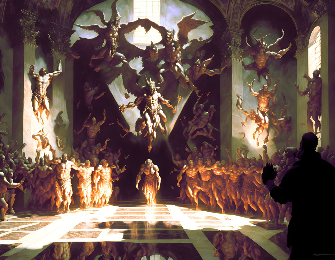 Baroque ethereal hall with ascending angelic figures and luminescent central being