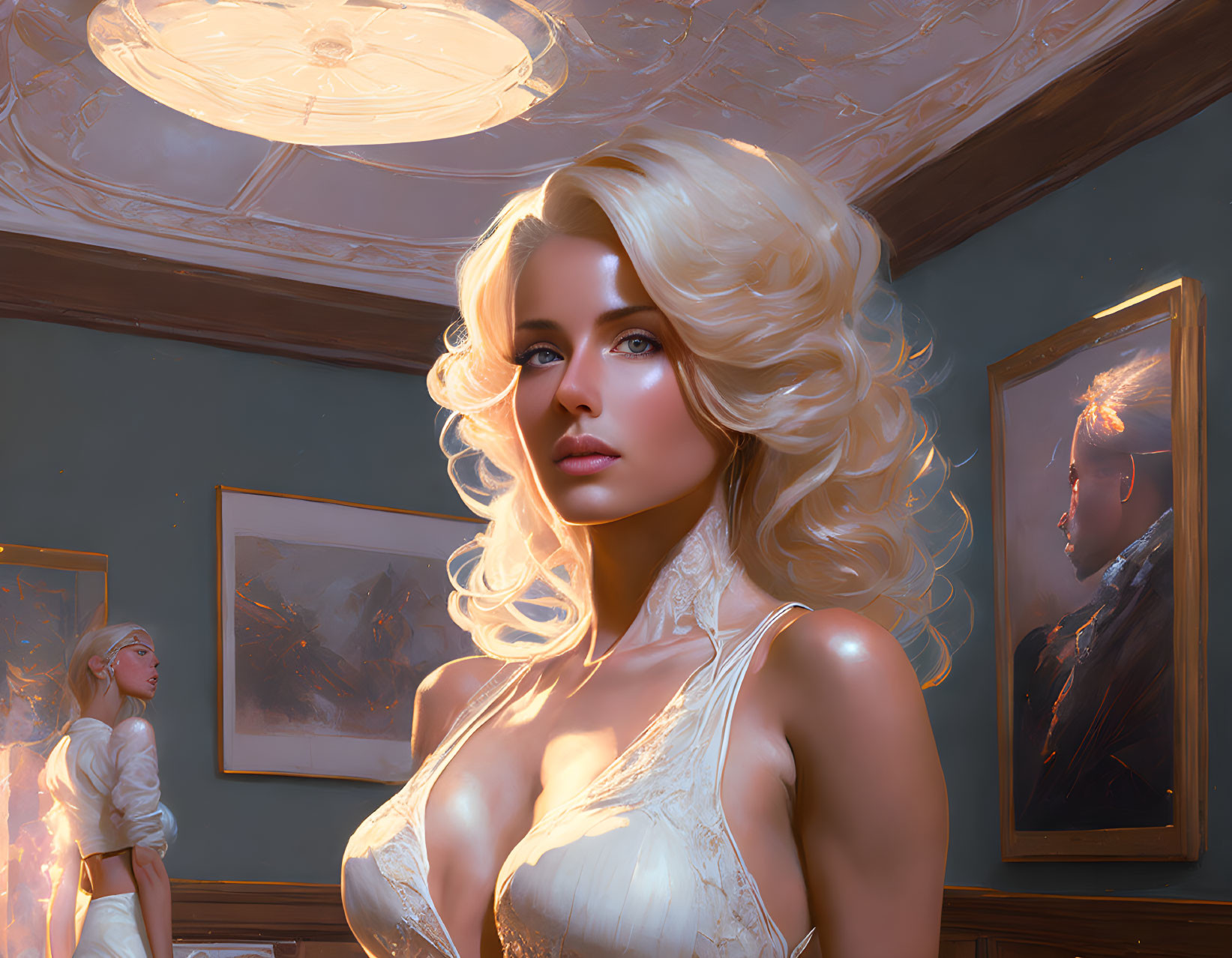 Blonde woman in white dress in opulent room with portraits