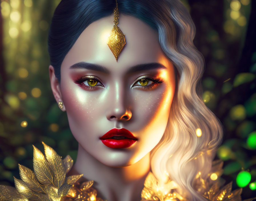 Dual-toned hair woman portrait with red lipstick and gold leaf accessories in vibrant digital art.