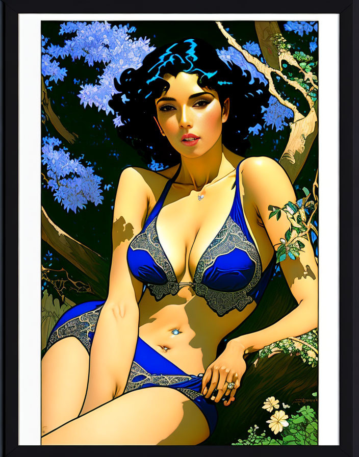 Woman in Blue Lingerie Sitting Under Tree with Blue Flowers