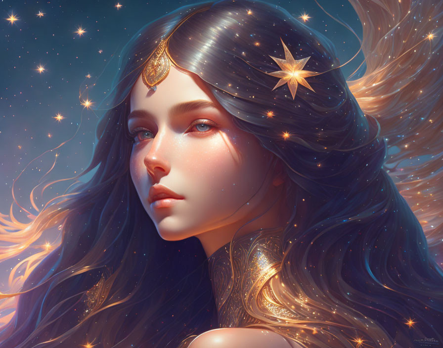 Celestial-themed digital artwork of a mystical woman in starry setting