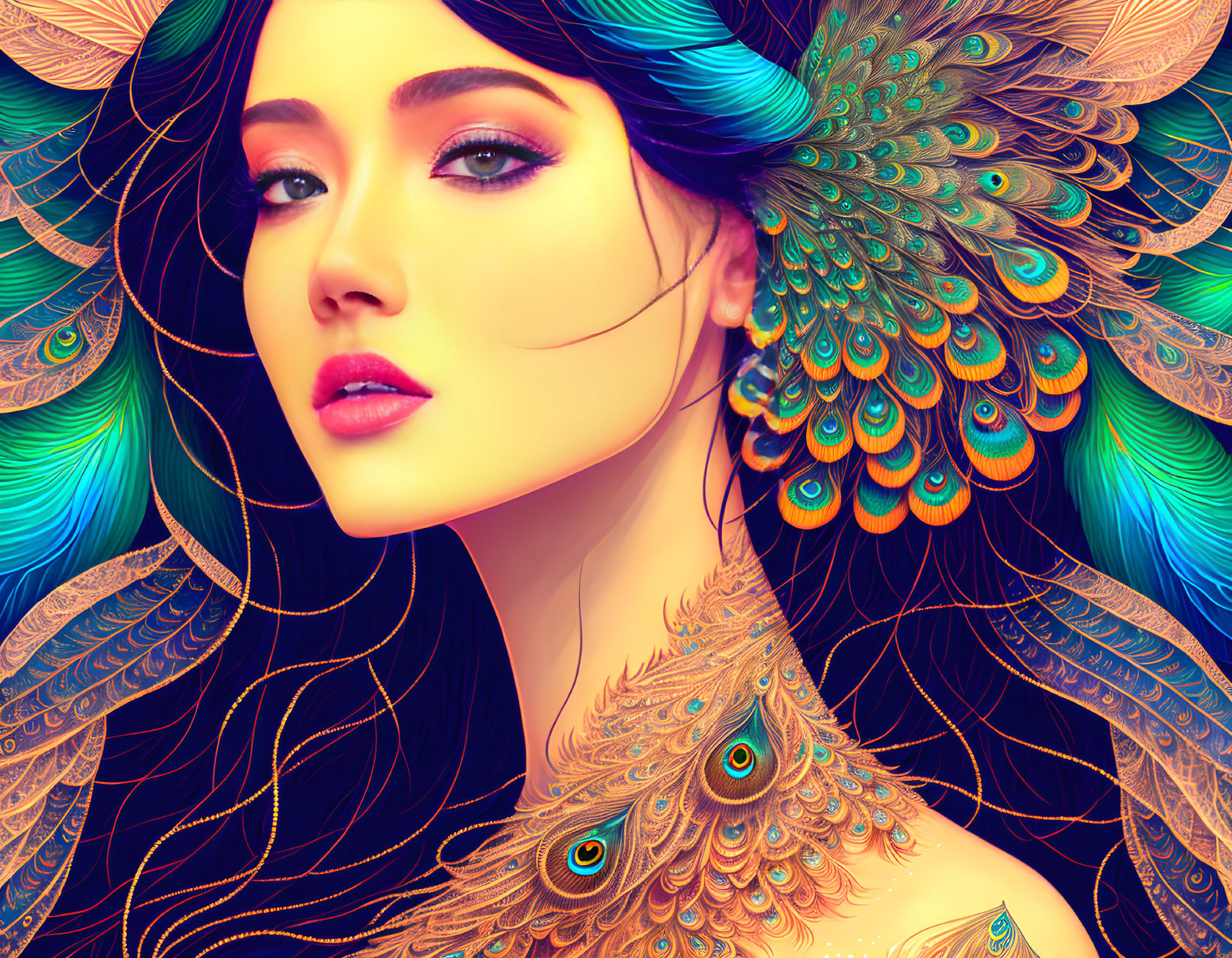 Vibrant peacock feather woman illustration with rich colors