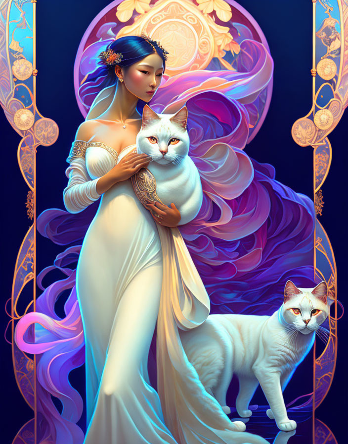 Elegant woman in white dress with cats on mystical purple backdrop