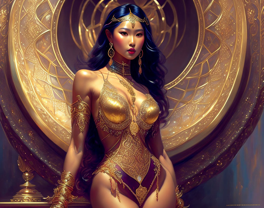 Golden fantasy attire woman against intricate circular patterns