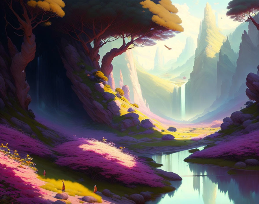 Fantastical landscape with pink foliage, waterfalls, and misty cliffs