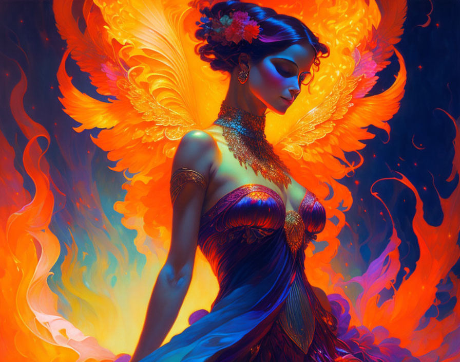 Digital Artwork: Woman with Phoenix Wings in Elegant Dress on Flame Background