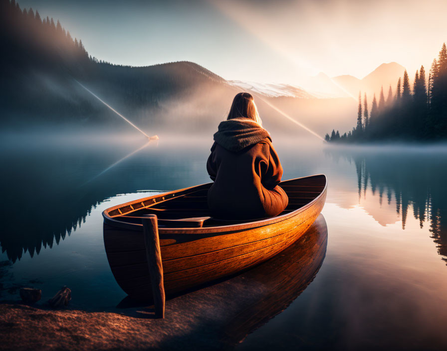 Person in canoe on serene lake at sunrise with forested mountain backdrop