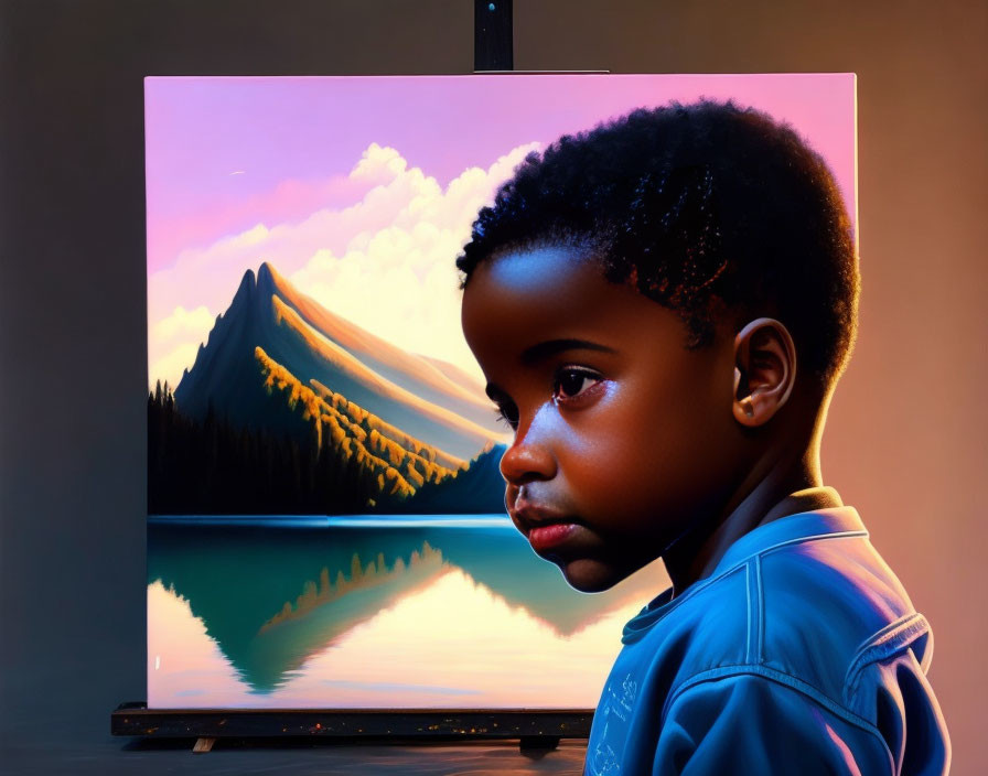 Child in profile with contemplative expression against vibrant sunset mountain backdrop