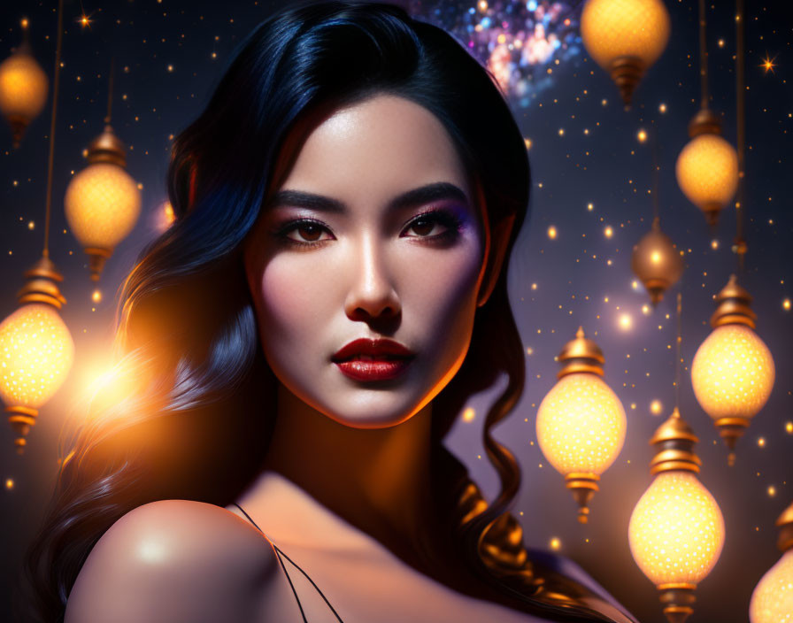 Illustrated portrait of woman with glowing lanterns and sparkling lights in background