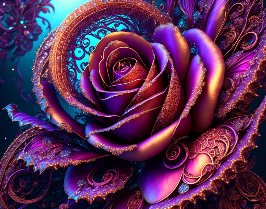 Stylized purple rose digital artwork with golden highlights and fractal-like patterns