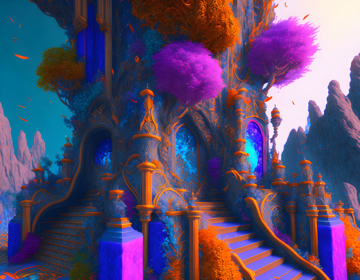 Fantasy landscape with purple foliage, golden architecture, and glowing blue portal.