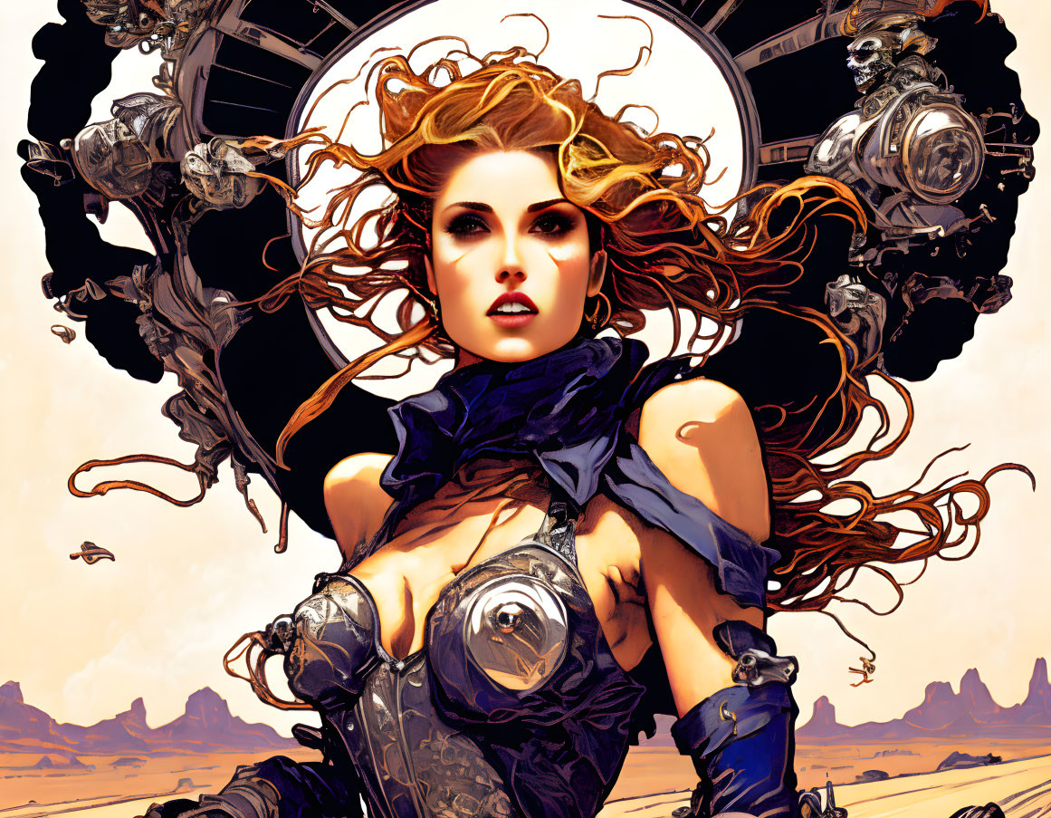 Illustration of woman in futuristic armor with auburn hair in desert setting