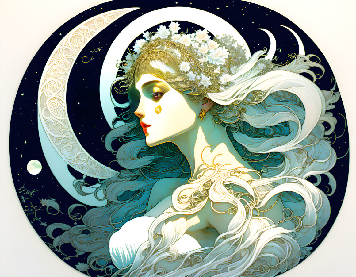 Illustrated woman with white hair and floral crown under crescent moon and starry night sky.