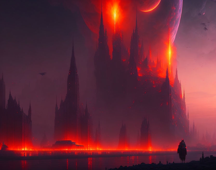 Surreal fiery landscape with towering spires and illuminated castle