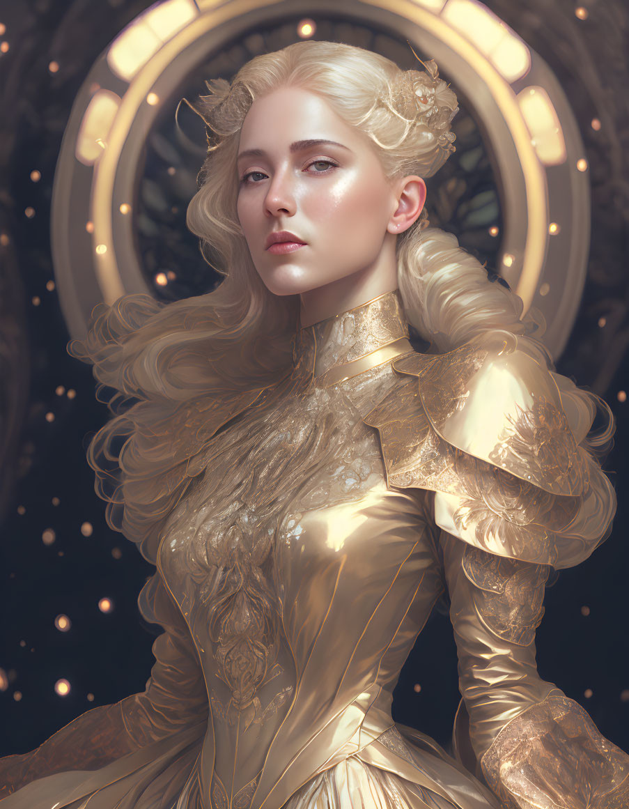 Platinum Blonde Woman in Gold Armor with Circular Motif Background