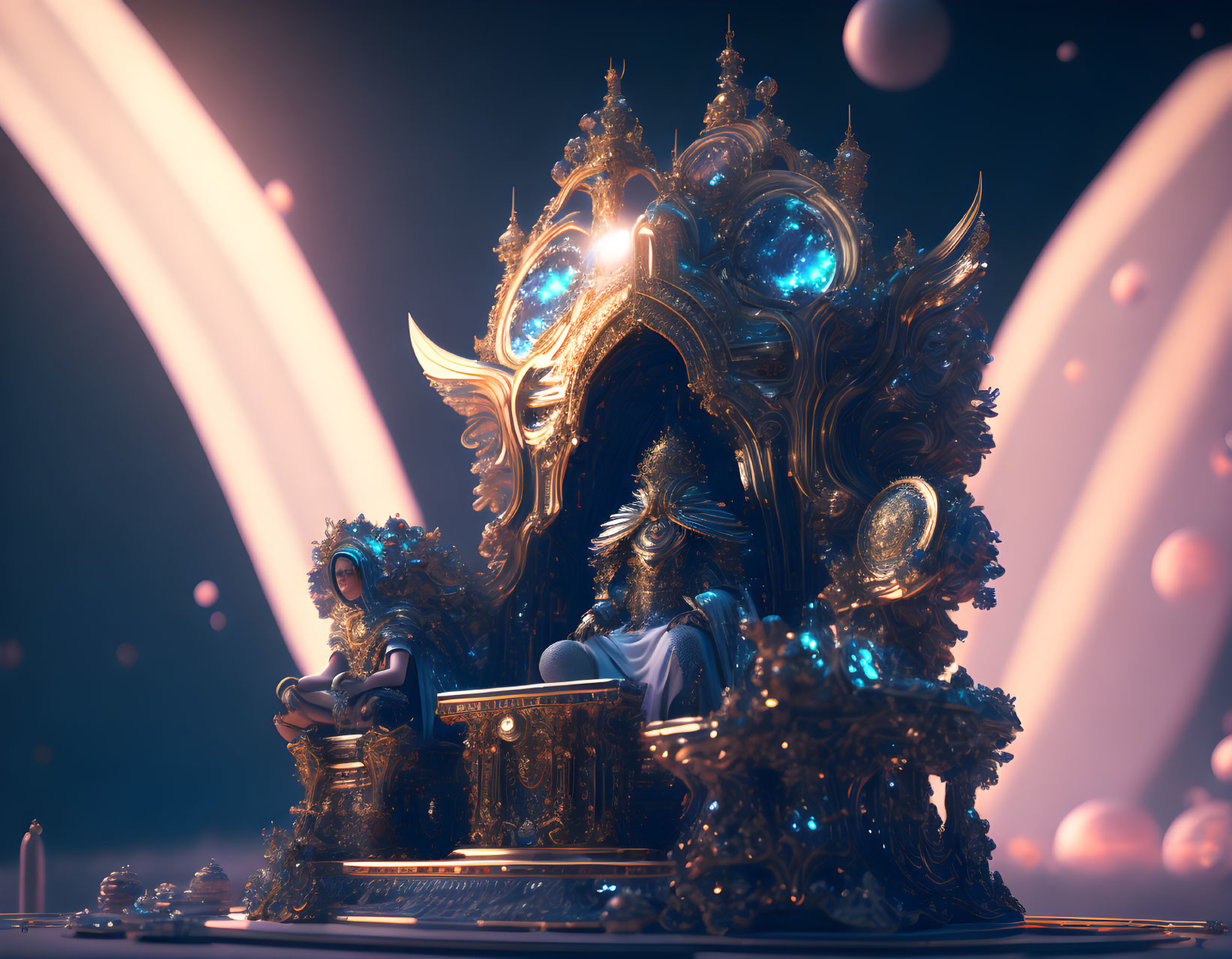 Golden throne with intricate designs and blue gemstones under spotlights