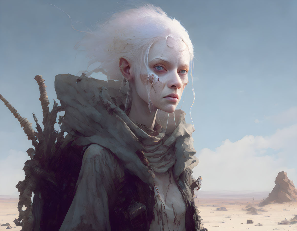 White-haired figure with striking eyes in weathered clothing against desert backdrop