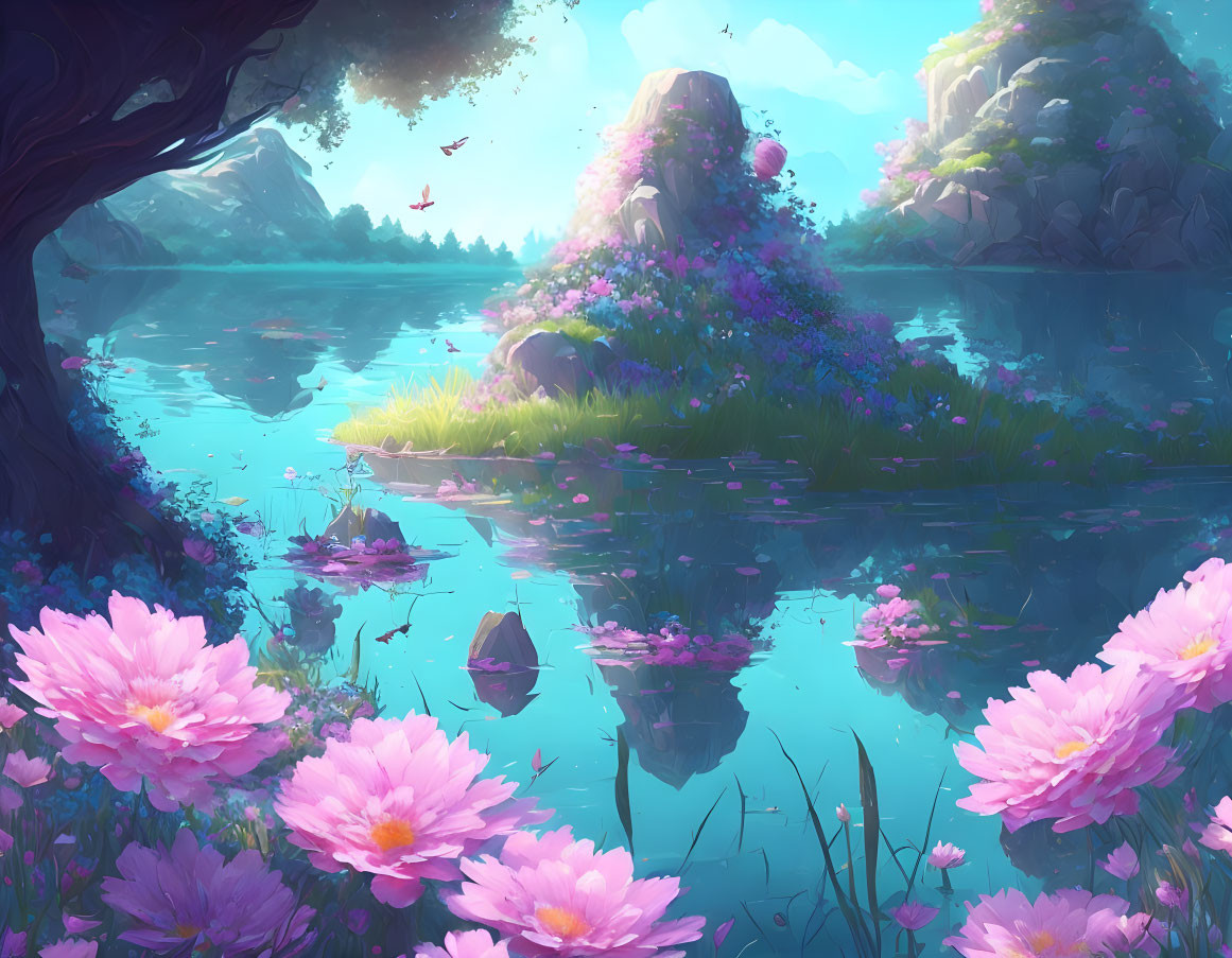 Tranquil landscape with vibrant pink flowers by calm lake