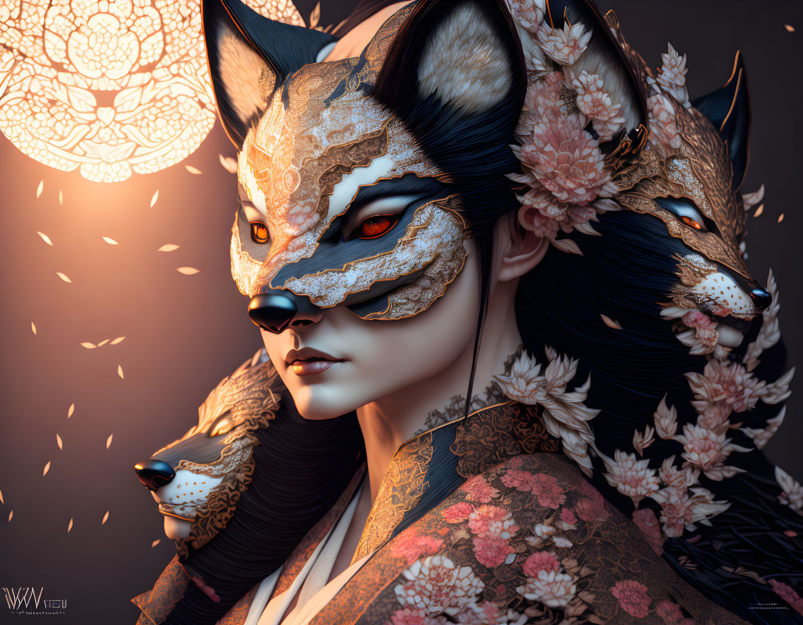 Digital Artwork: Woman in Fox Mask & Floral Kimono with Ethereal Petals