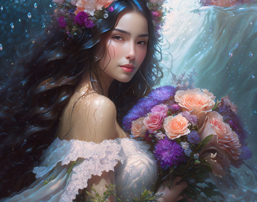 Digital artwork: Woman with flowers in hair, holding bouquet, in underwater setting