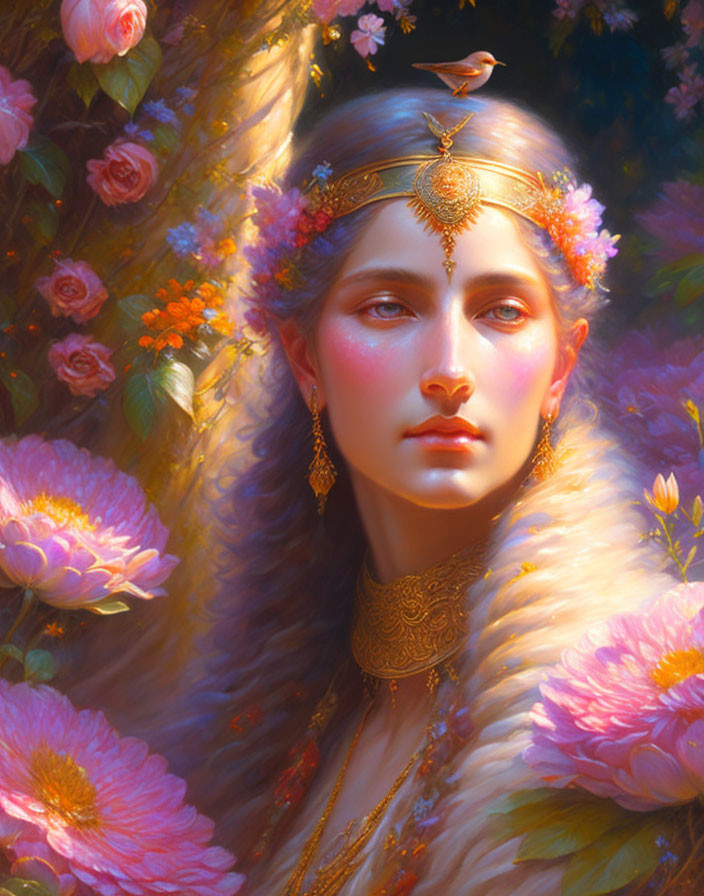 Ethereal woman with golden jewelry in pink flower setting