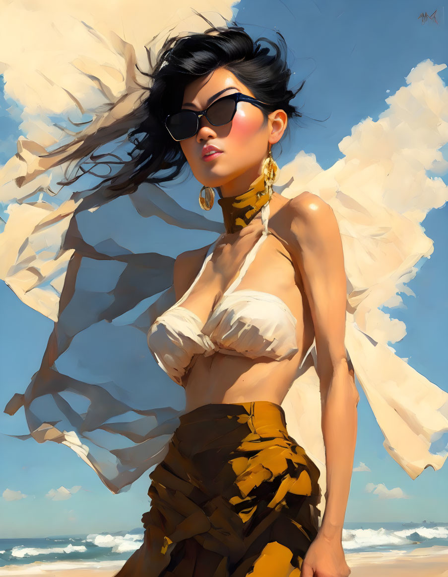 Digital artwork of woman in white bikini with scarf, sunglasses, and earrings on beach.