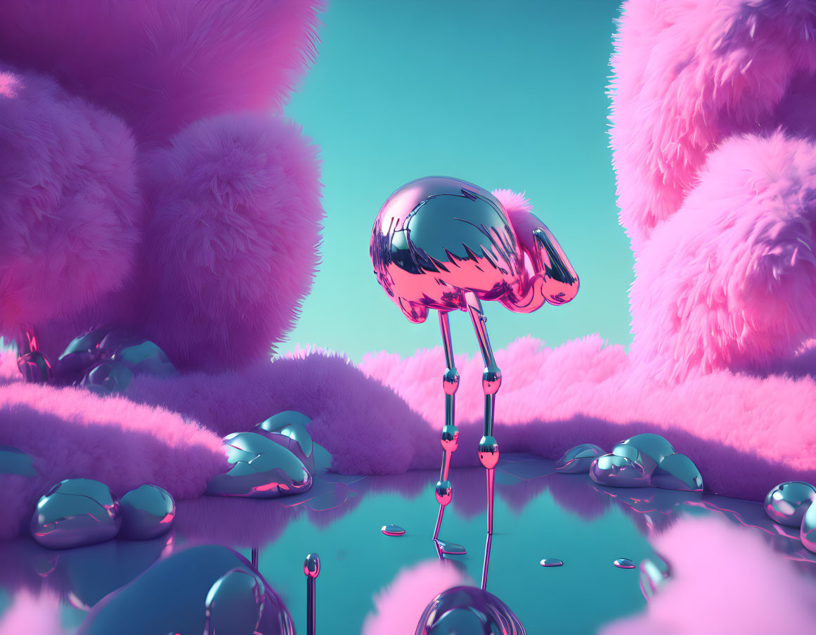 Chrome flamingo in surreal pink landscape with fluffy textures and reflective surfaces