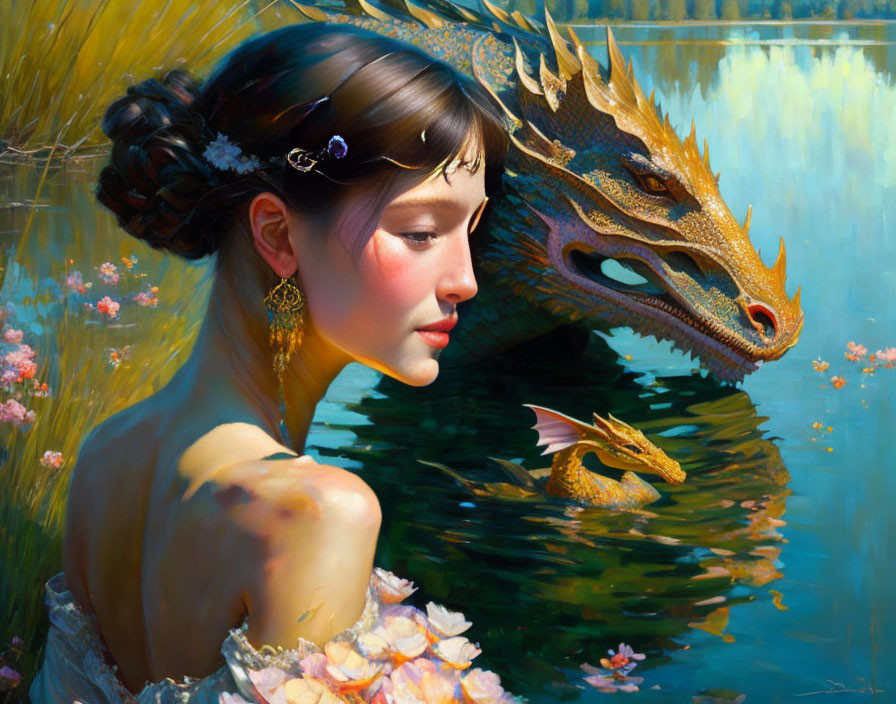 Woman with floral adornment shares tranquil moment with golden dragon by lakeside