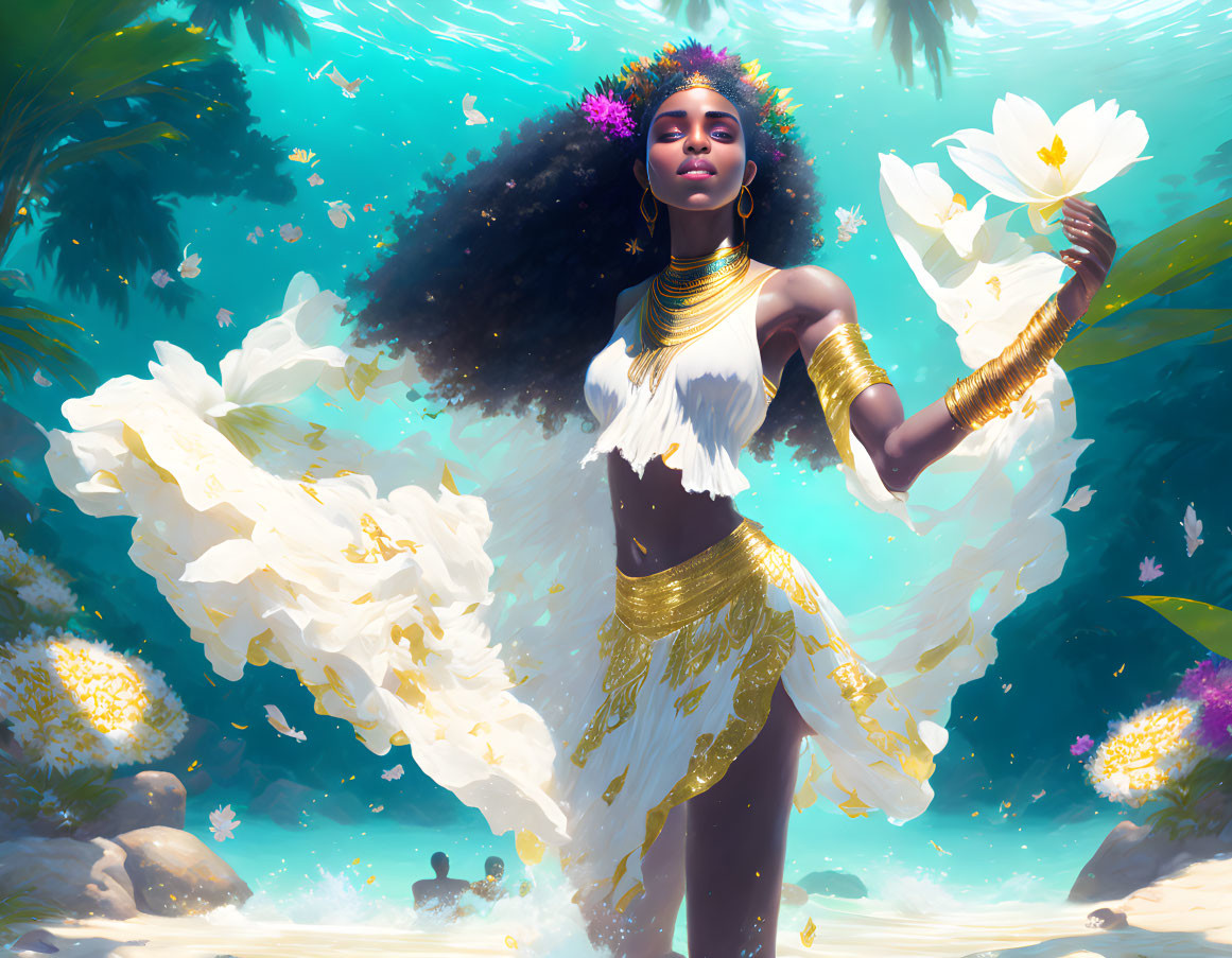 Woman adorned with gold jewelry in ocean scenery with white floral accents