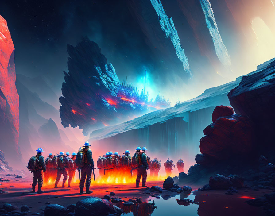 Futuristic soldiers in alien landscape with lava river