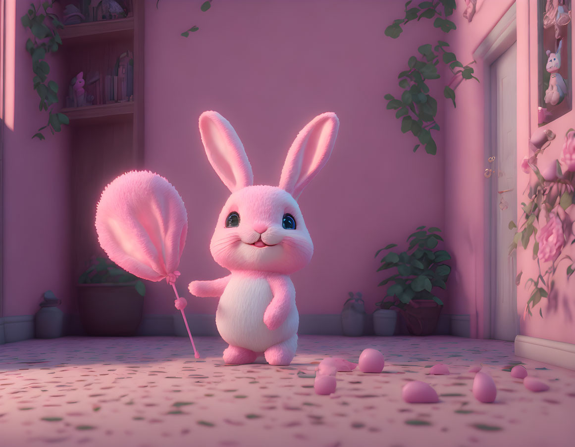 Fluffy Pink Bunny with Feather Surrounded by Candy Eggs