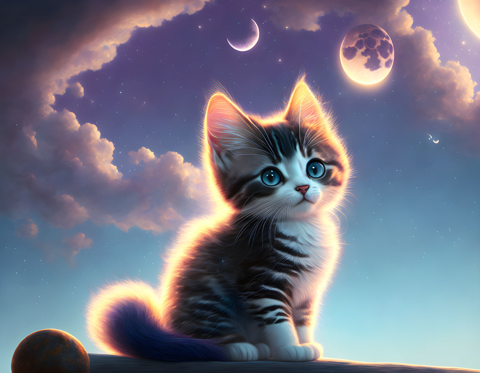 Illustration of wide-eyed kitten under multiple moons and stars
