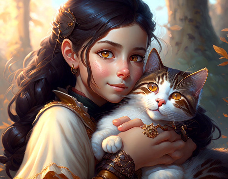 Digital painting of young girl with expressive eyes holding tabby cat in sunlit forest with golden accessories