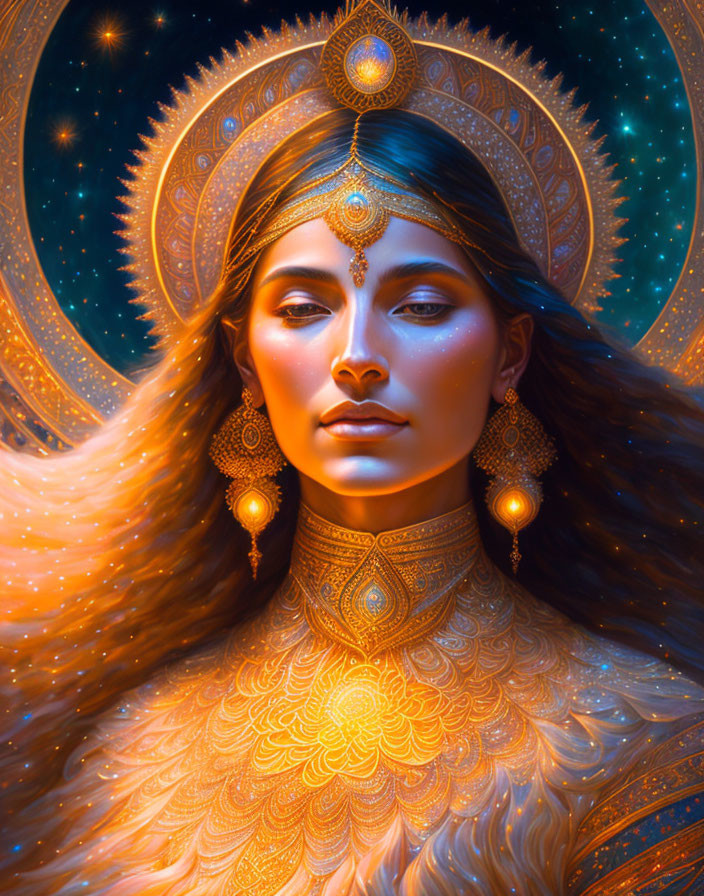 Radiant Woman with Golden Headdress in Cosmic Setting