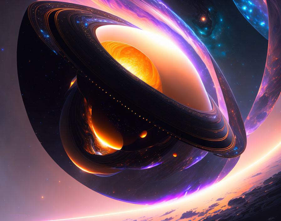 Surreal digital art: fiery planet with exaggerated rings in cosmic setting