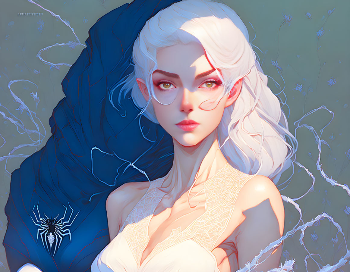 Fantasy female character with white hair and spider emblem.