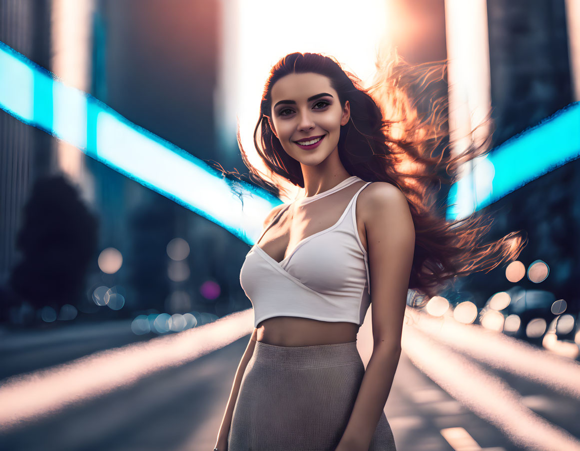 Smiling woman in white top on city street at twilight
