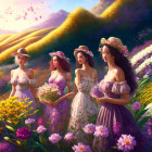 Five Women with Floral Crowns in Sunlit Meadow Conversing