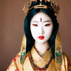 Traditional Asian woman in ornate attire with crown, fan, and butterfly.