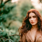 Woman with long brown hair in front of blurred green foliage background