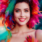 Colorful Feathers and Flowers Surround Woman with Striking Makeup