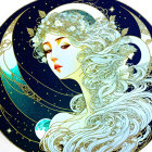 Illustrated woman with white hair and floral crown under crescent moon and starry night sky.