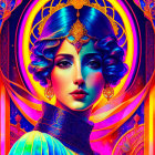 Colorful portrait of a woman with halo, pink outfit, and dramatic makeup on neon backdrop