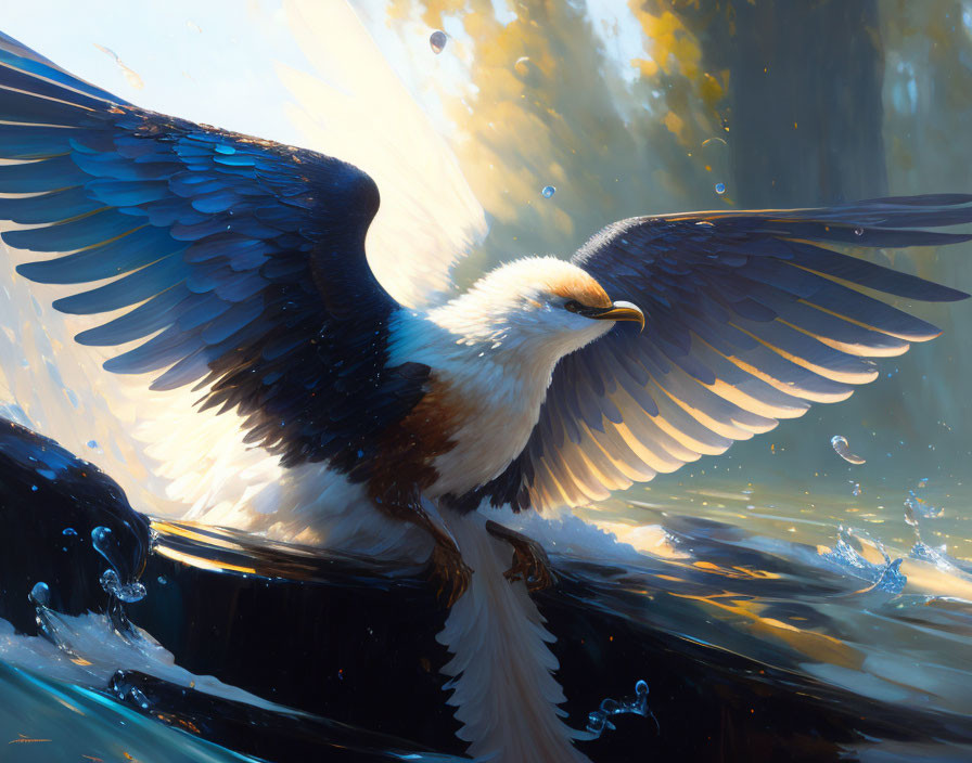 Majestic fantastical bird with extended wings in sunlit atmosphere