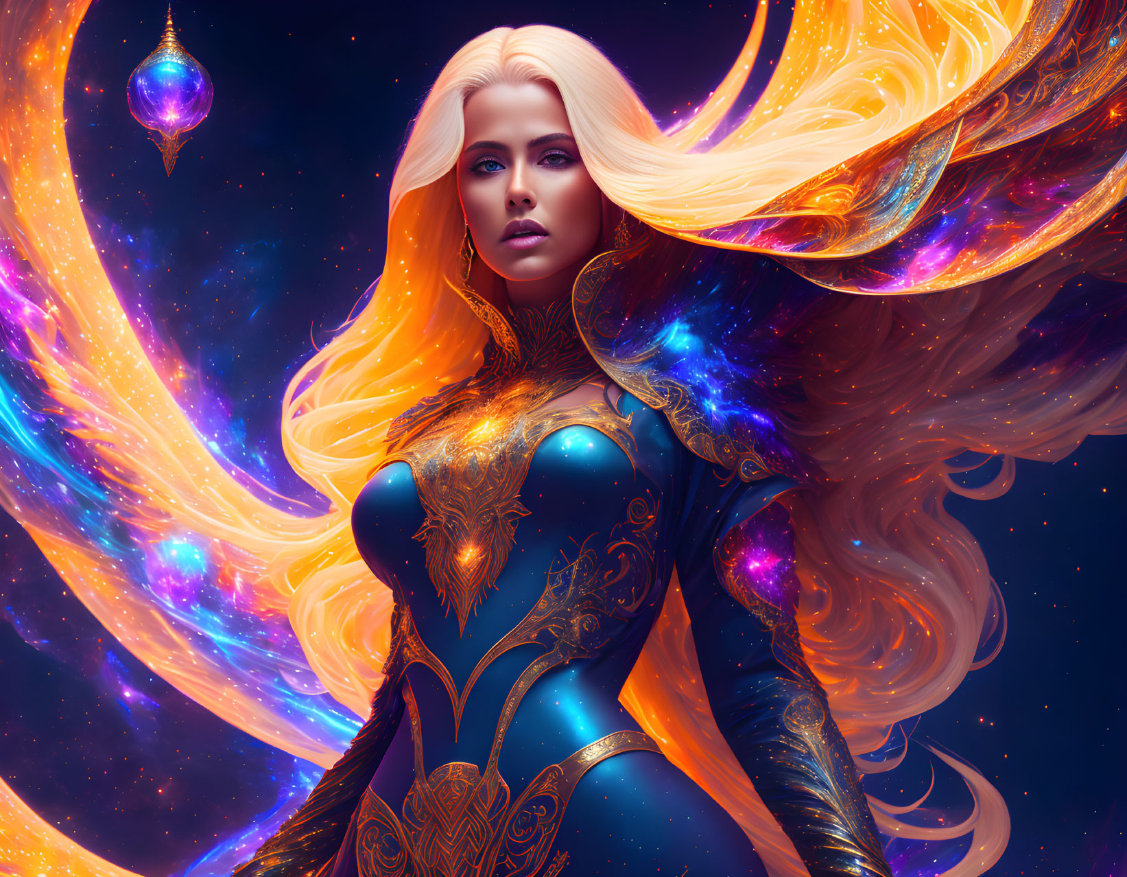 Digital artwork: Woman with golden hair in blue armor, cosmic backdrop with orange and purple nebulas