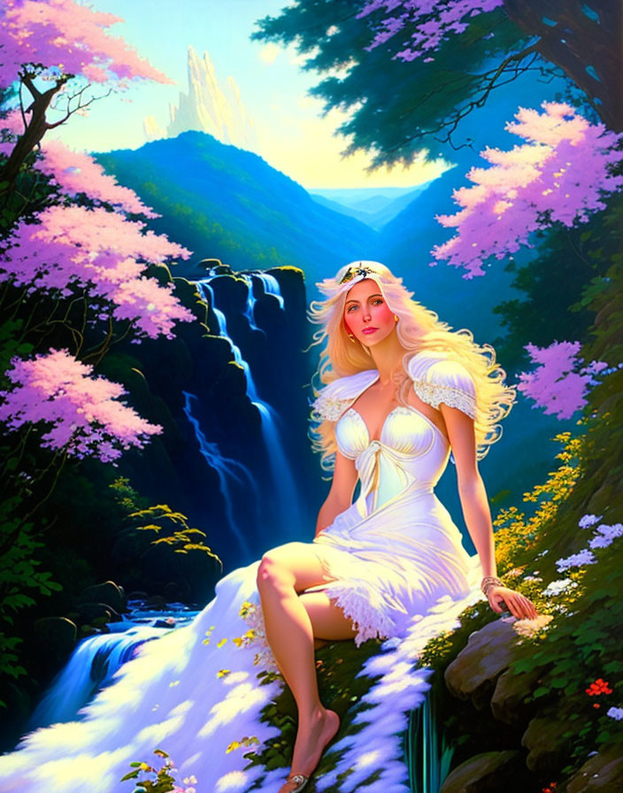 Illustration of woman with blonde hair in white dress by waterfall.