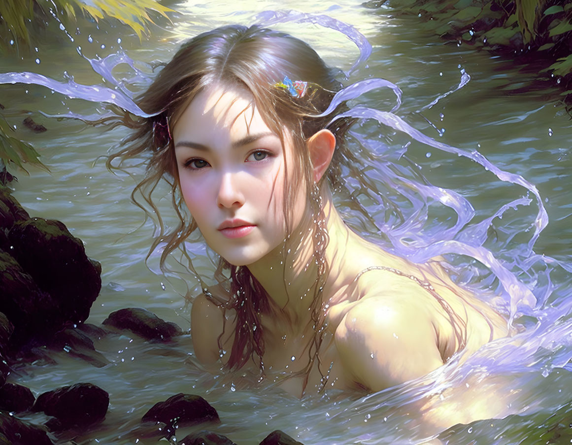 Young woman's serene portrait in water with reflective light and floating hair