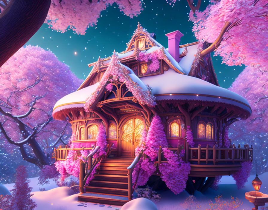 Snow-covered cottage among pink trees at twilight