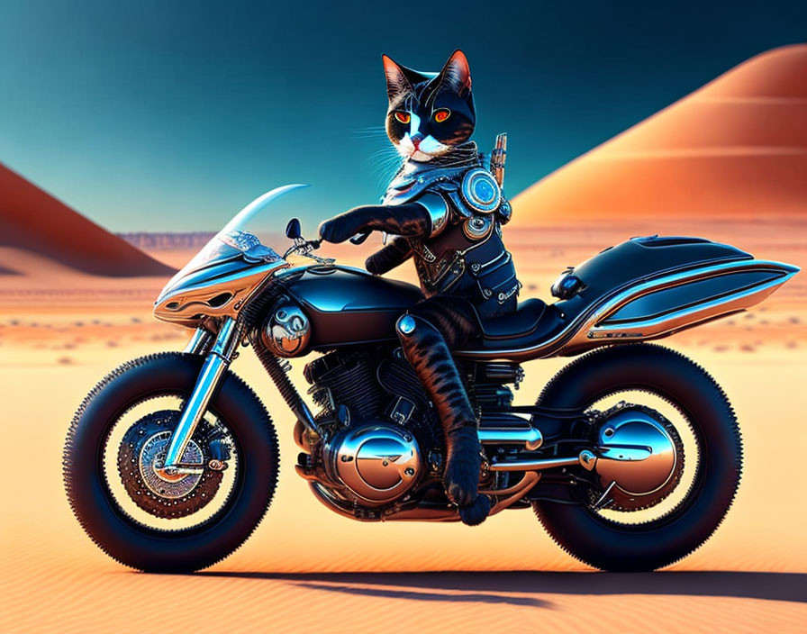 Anthropomorphic Cat in Cyberpunk Outfit on Futuristic Motorcycle in Desert